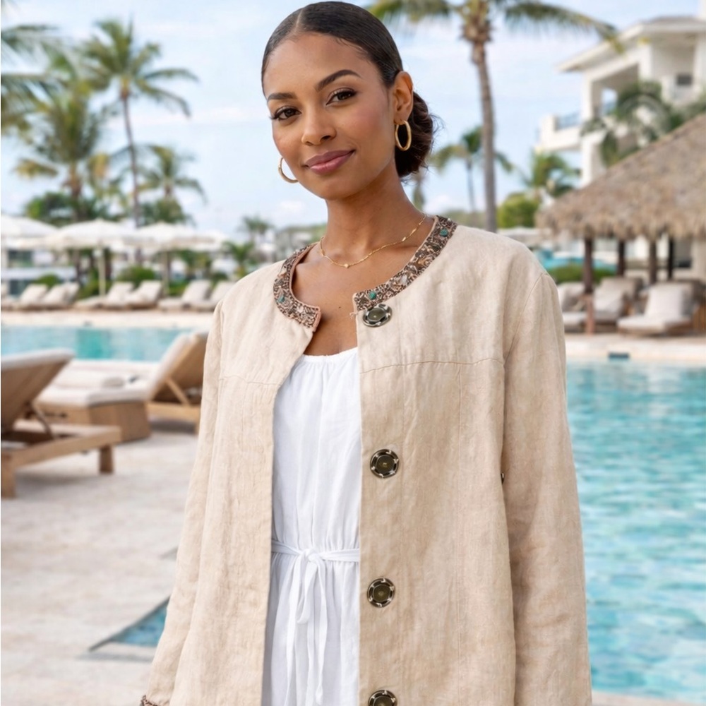 Saint Tropez West 100% Linen Women’s Jacket Beaded Neckline Snap Button Size 2X